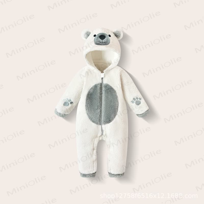 Baby Bear Hooded Plush Fleece Zip Up Winter Romper - White Bear - 18-24M - image 1