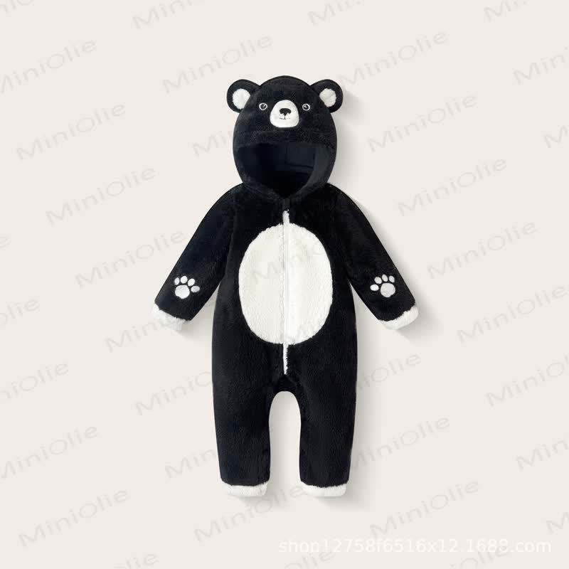 Baby Bear Hooded Plush Fleece Zip Up Winter Romper - Black Bear - 18-24M - image 4
