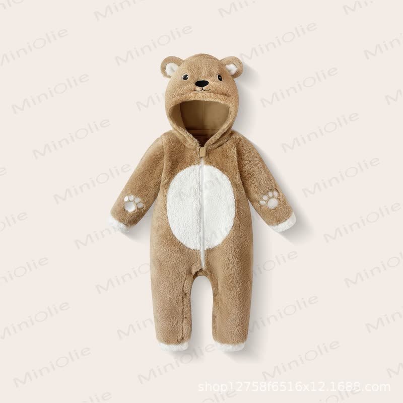 Baby Bear Hooded Plush Fleece Zip Up Winter Romper - Bear - 18-24M - image 2