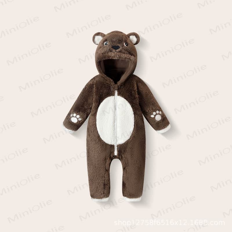 Baby Bear Hooded Plush Fleece Zip Up Winter Romper - Brown Bear - 18-24M - image 3