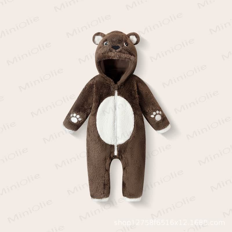Baby Bear Hooded Plush Fleece Zip Up Winter Romper - Brown Bear - 18-24M - image 3