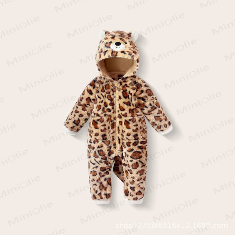 Baby Bear Hooded Plush Fleece Zip Up Winter Romper - Cheetah - 18-24M - image 7