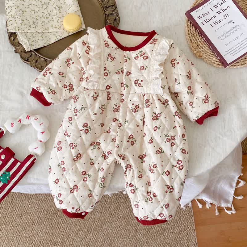 Baby Girl Fleece Floral Ruffle Trim Padded Romper - Beige - 18-24M - image 1