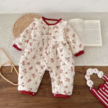 Baby Girl Fleece Floral Ruffle Trim Padded Romper - image 3