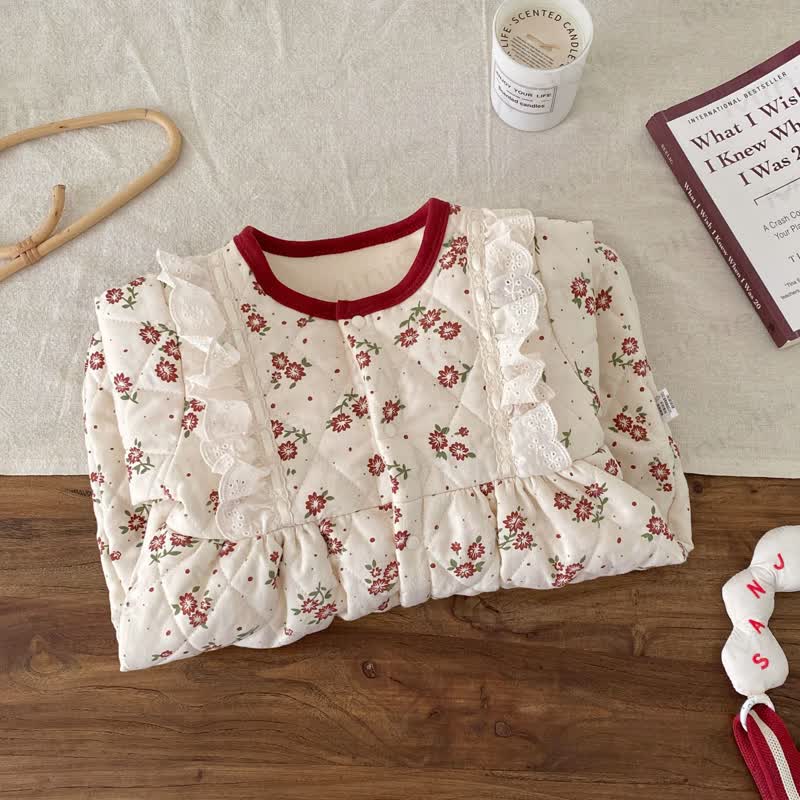Baby Girl Fleece Floral Ruffle Trim Padded Romper - image 4