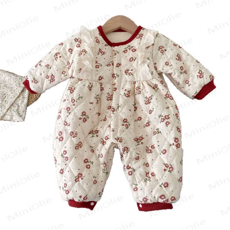 Baby Girl Fleece Floral Ruffle Trim Padded Romper - image 2
