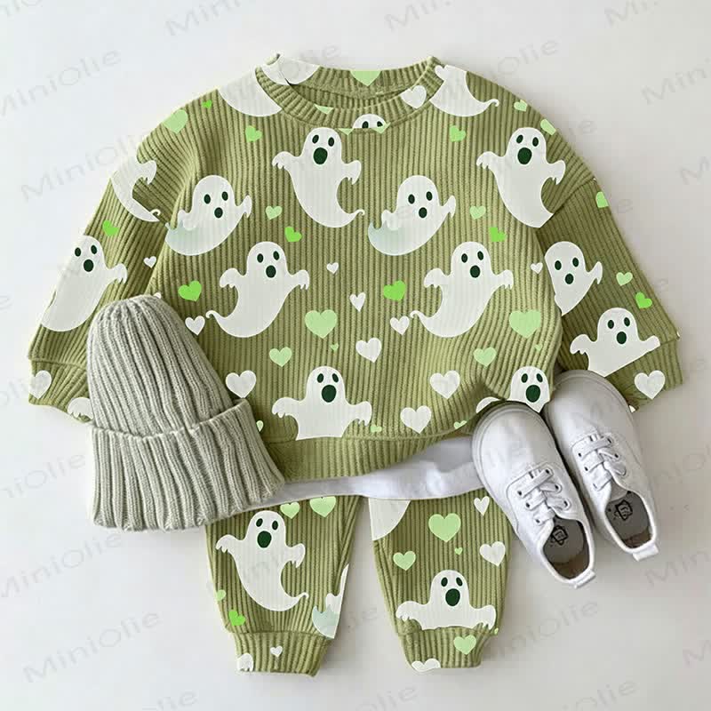 Baby Green Ghost & Heart Print Waffle 2-piece Set - image 2