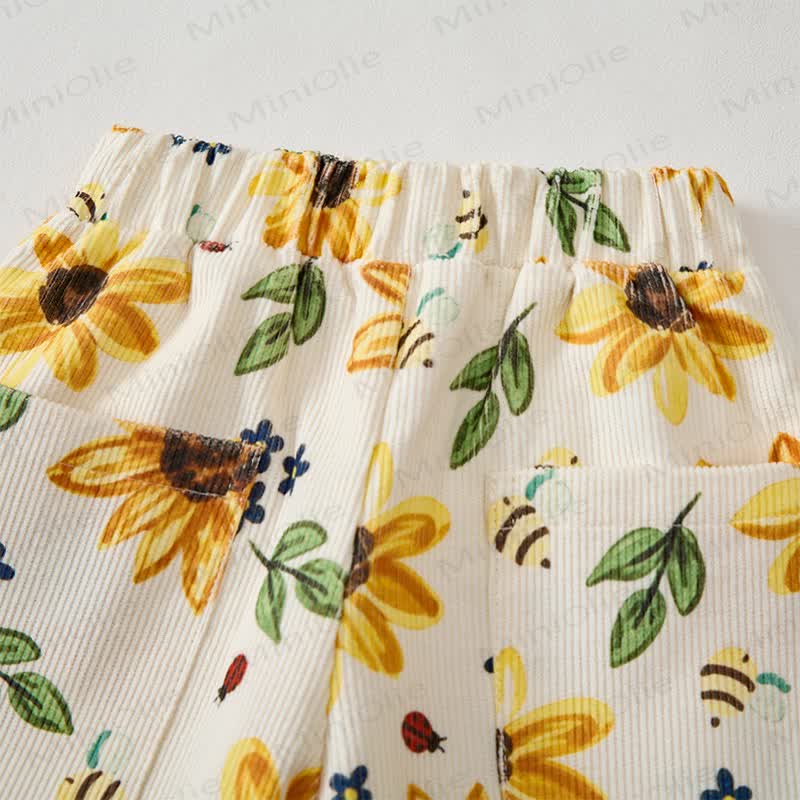 Baby Toddler Sunflower and Bee Print Beige Cord Pants - image 4
