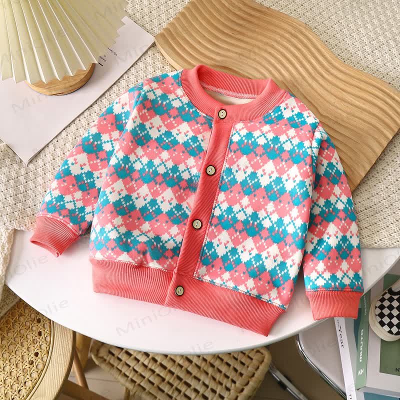 Toddler Playful Pattern Cardigan Sweater Outerwear - Pink Blue Check - 8-9T - image 2