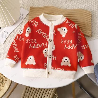 Toddler Playful Pattern Cardigan Sweater Outerwear - Red Bear - 8-9T - image 5