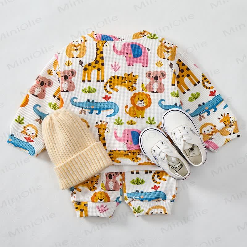 Baby Toddler White Animal Print Waffle 2-piece Set - image 3