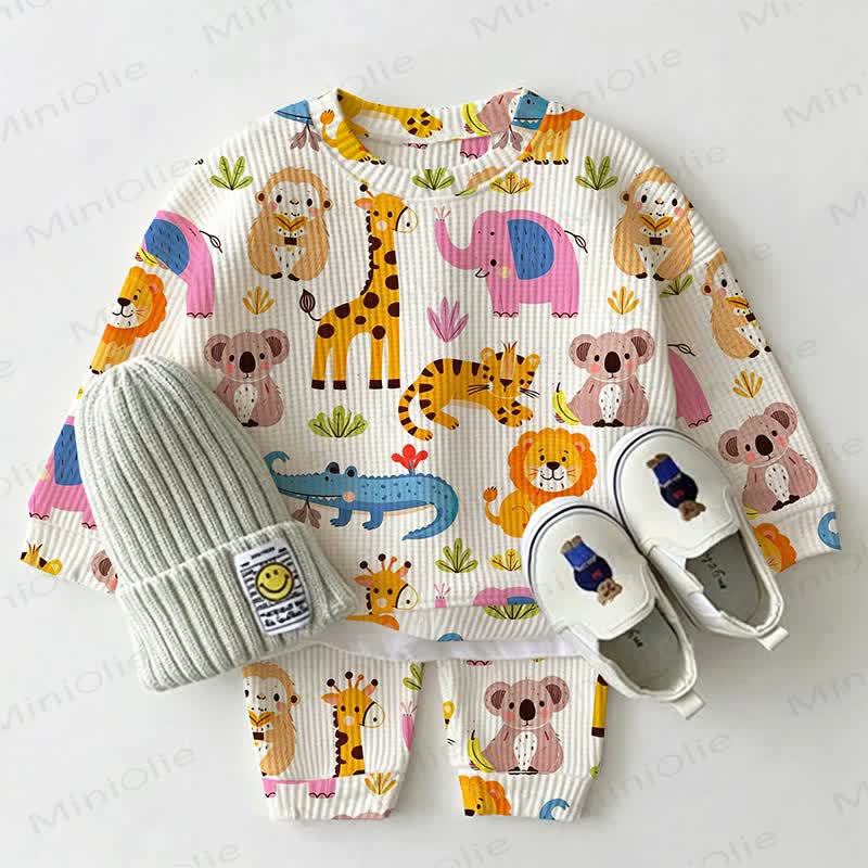 Baby Toddler White Animal Print Waffle 2-piece Set - image 2