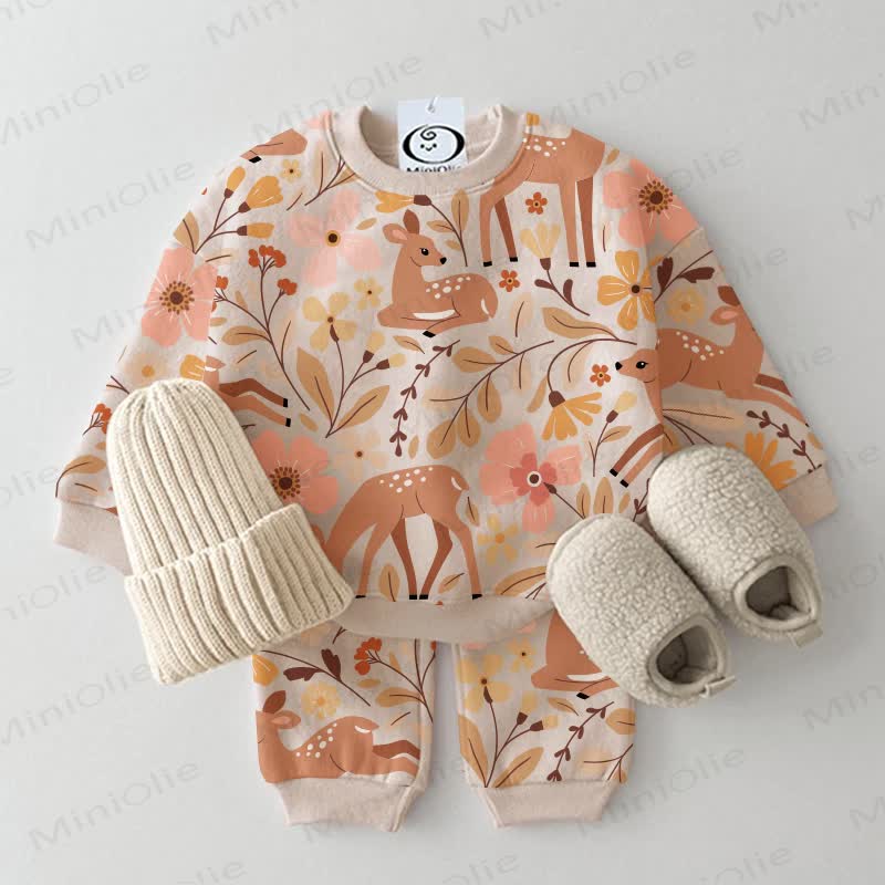 Baby Deer and Fower Print 2-piece Set - Beige - 3-5T - image 1