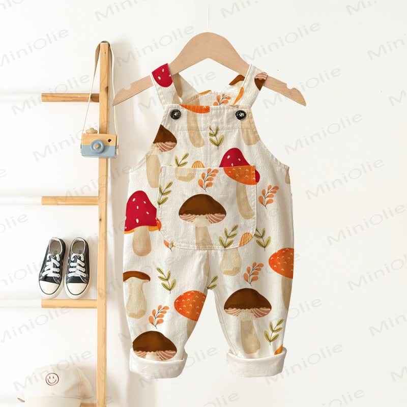 Baby Toddler Mushroom Print Pocket Overalls - Beige - 3-5T - image 1