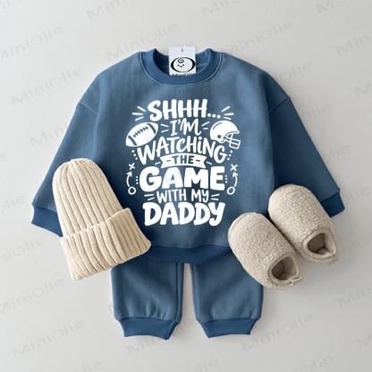 SHHH…I'M WATCHING THE GAME WITH MY DADDY Baby Hockey Print Sweatshirt 2-piece Blue Set - Blue - 2-3T - image 1