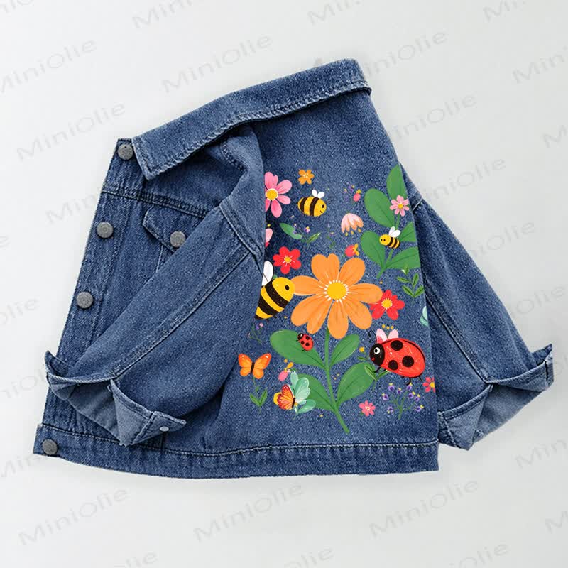 Toddler Kid Insects Flower Print Denim Jacket - Blue - 10-11T - image 1
