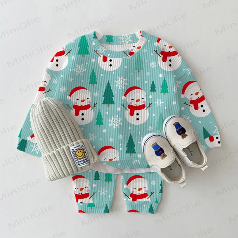 Baby Snowman Christmas Tree Blue Waffle 2-piece Set - Blue - 2-3T - image 1