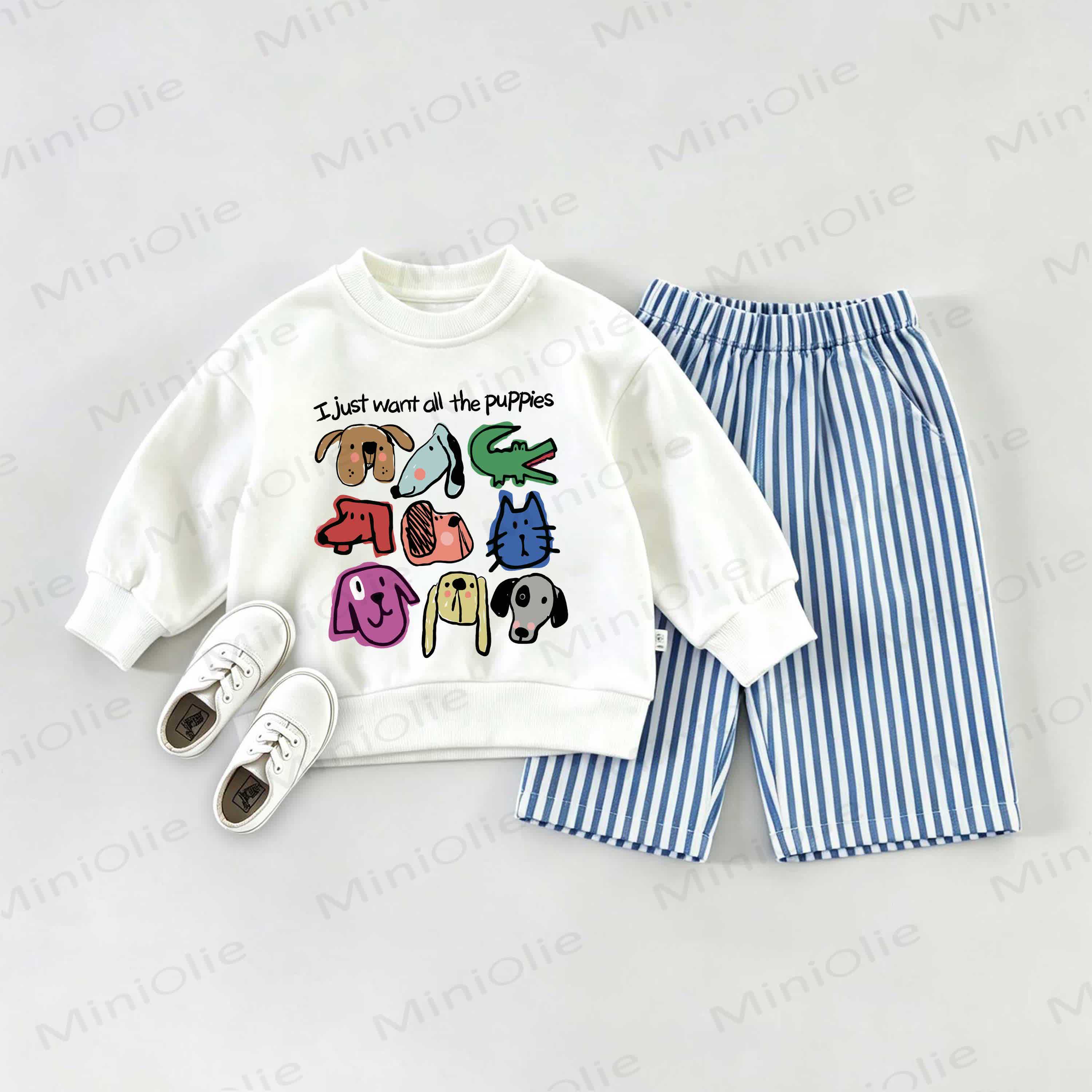 I JUST WANT ALL THE PUPPIES Baby Dogs Cats Sweatshirt and Striped Pants Set - White&Blue - 2-3T - image 1