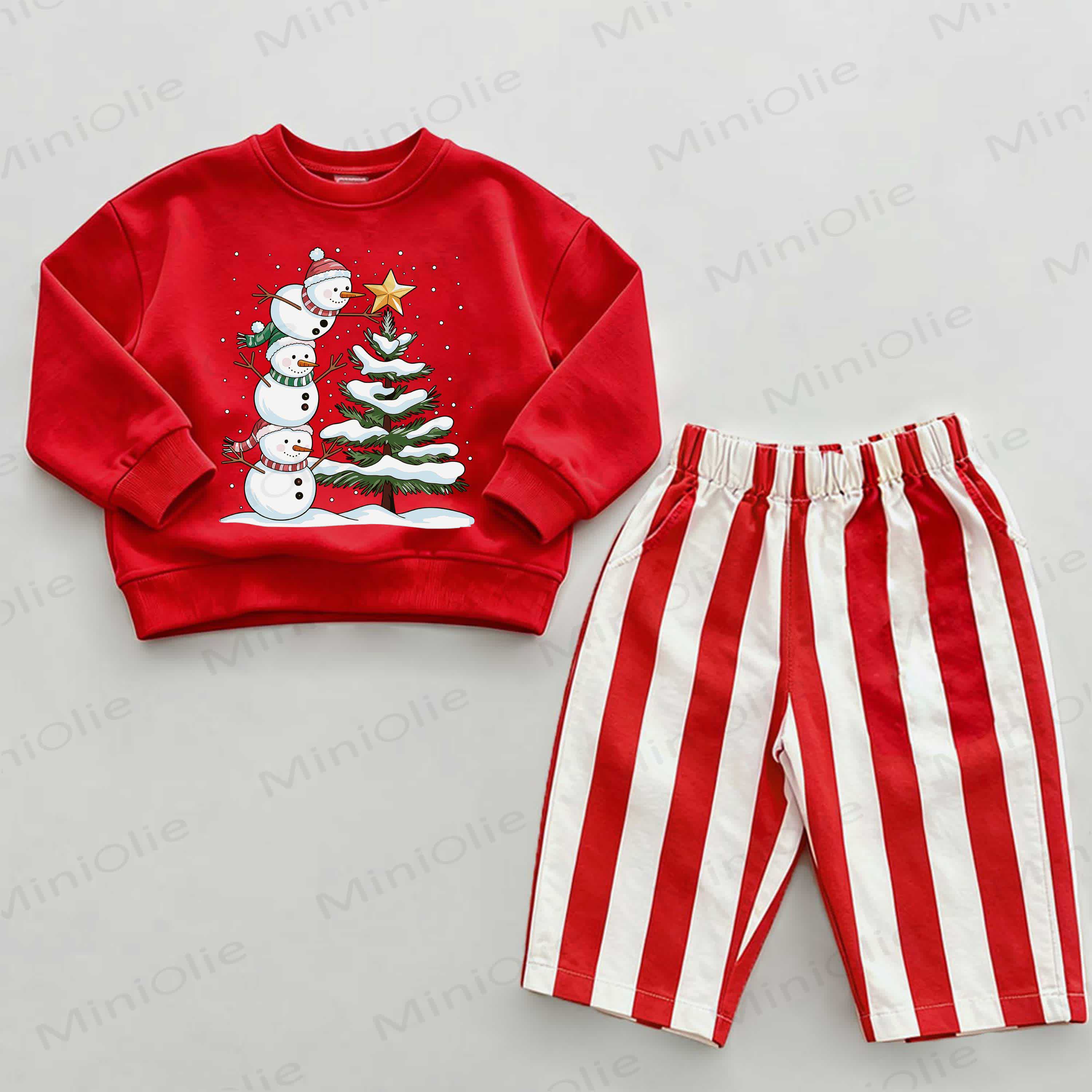Baby Snowman Christmas Tree Sweatshirt and Striped Pants 2-piece Set - White&Red - 2-3T - image 1