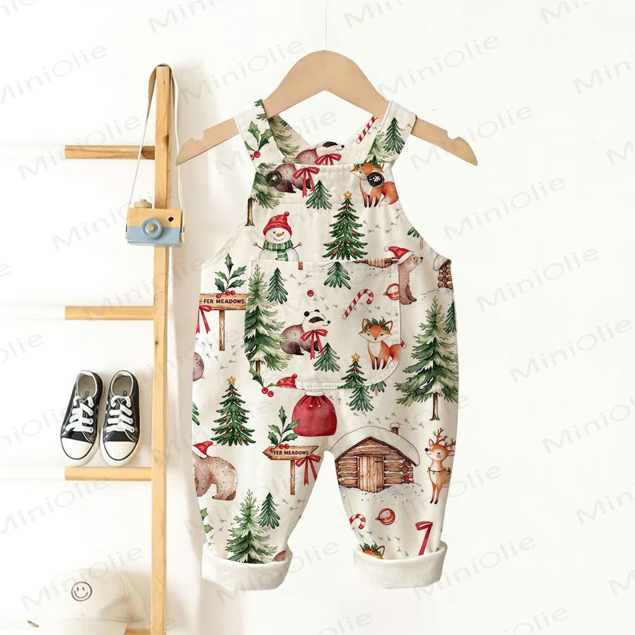 Baby Toddler Christmas Forest Deer Print Pocket Overalls - Beige - 3-5T - image 1