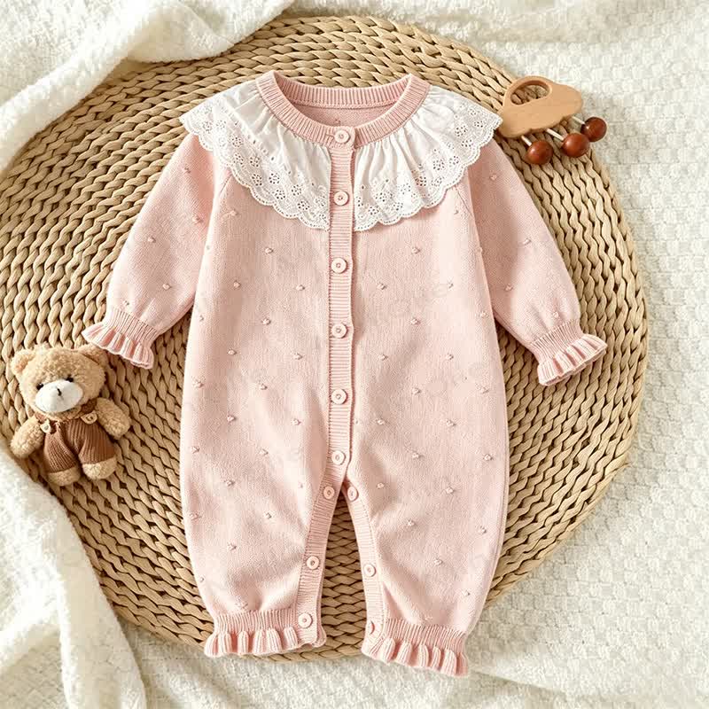 Baby Girl Lace Collar Button Front Romper - Pink - 18-24M - image 1