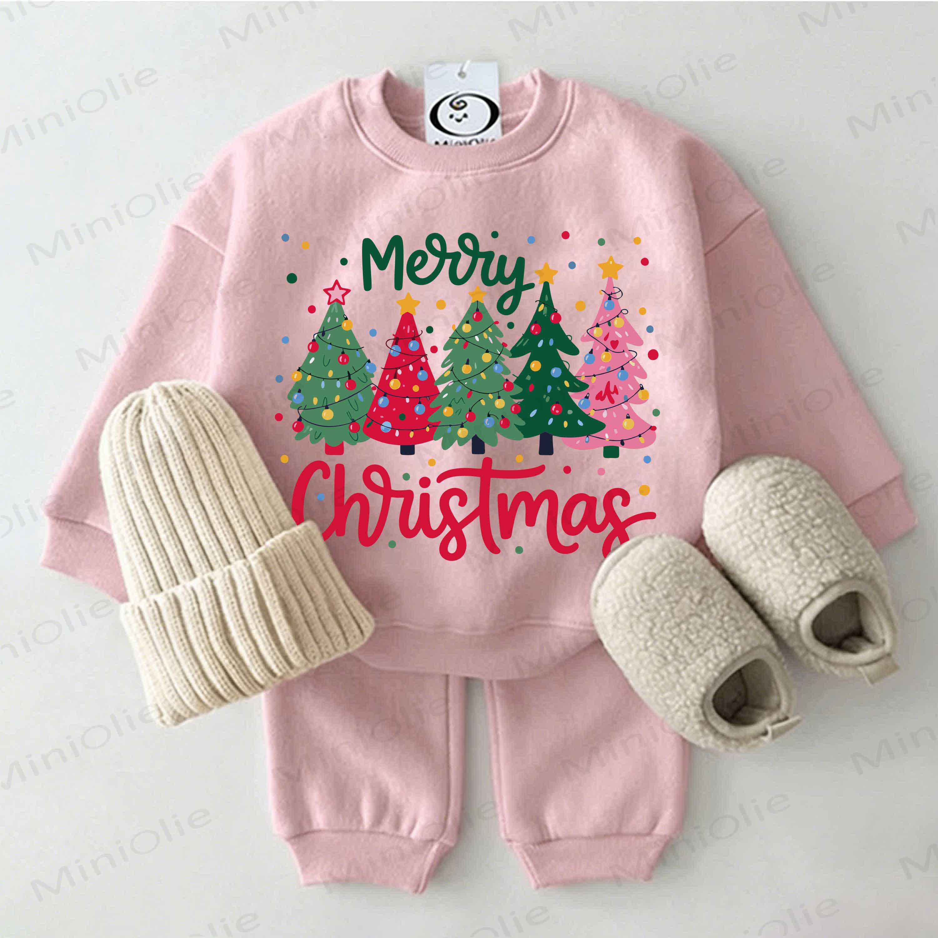 MERRY CHRISTMAS Baby Christmas Tree Pink Sweatshirt 2-piece Set - Pink - 2-3T - image 1