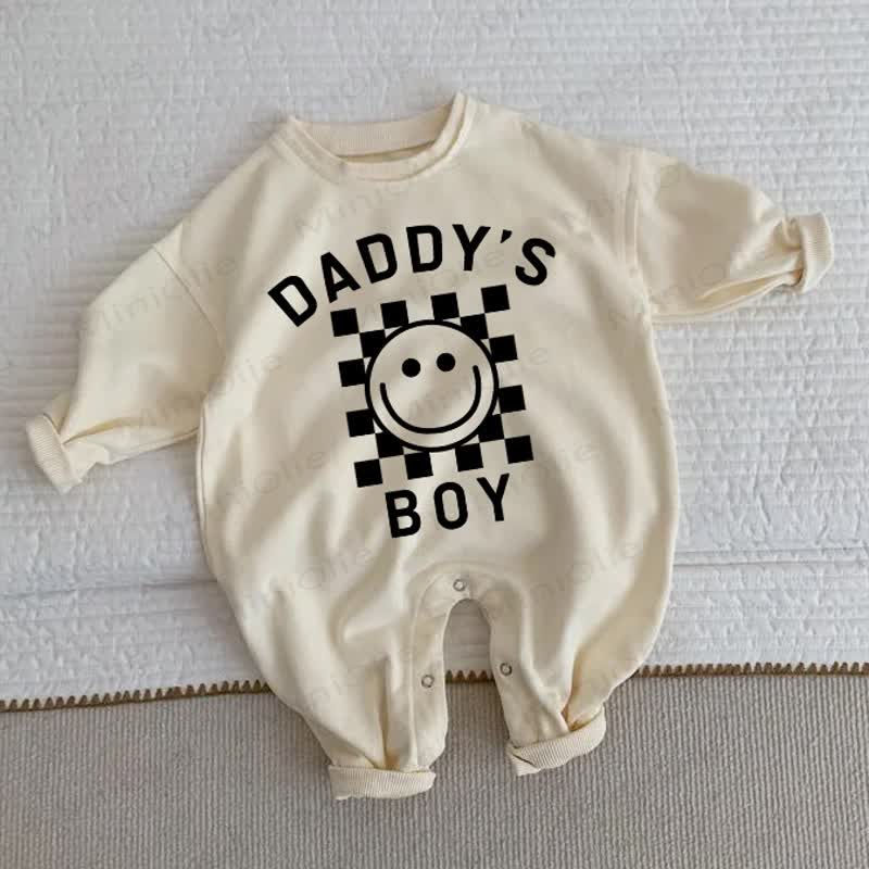 DADDY'S BOY Baby Happy Face Black Check Beige Romper - Beige - 2-3T - image 1