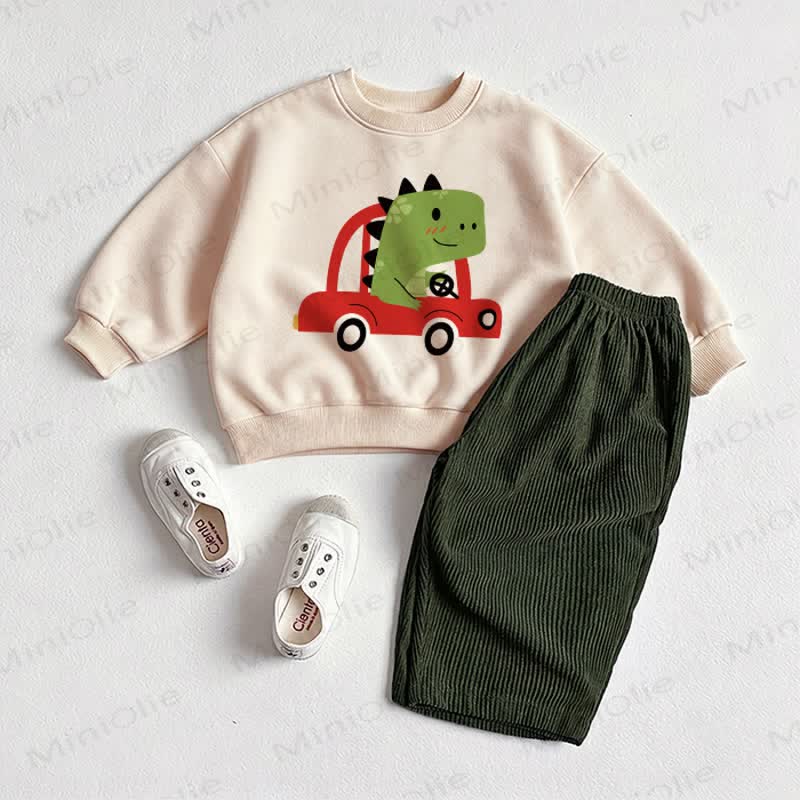 Baby Dino Car Sweartshirt and Pants 2-piece Set - Beige&Green - 2-3T - image 1