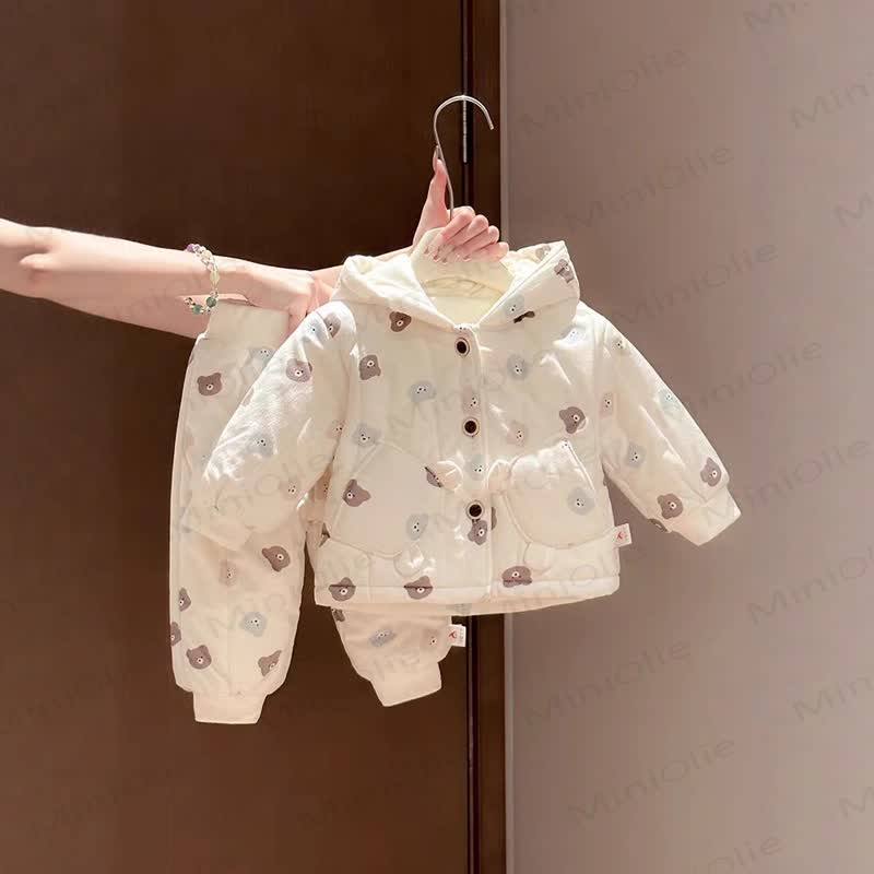 Baby Bear Print Hooded Jacket and Pants 2-piece Set - White - 3-4T - image 1