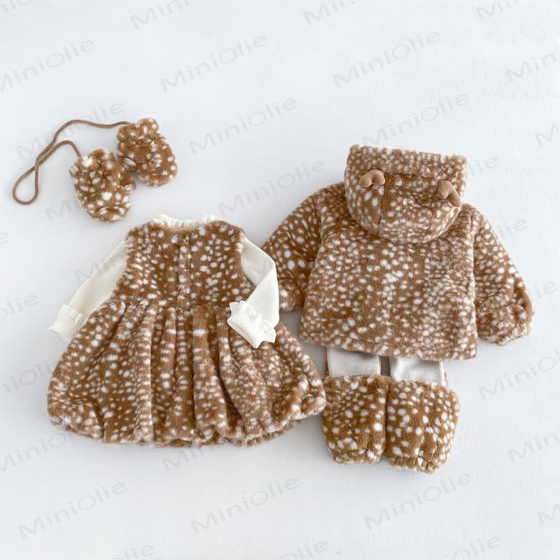 Baby Toddler Quilted Deer Dot Brown Hooded Outerwear Or Beige Leggings Or Beige Sweater Or Brown Sleeveless Dress Or Brown Boot Covers - image 10