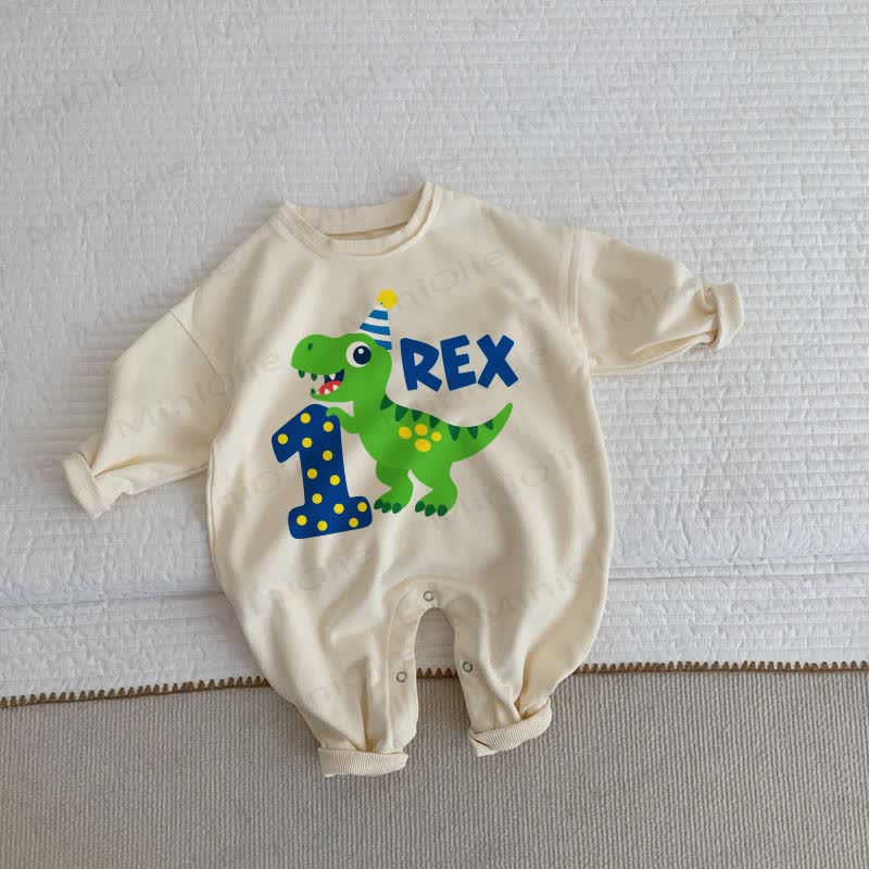 1 T-REX Baby Toddler Dino Birthday Beige Romper - Beige - 2-3T - image 1