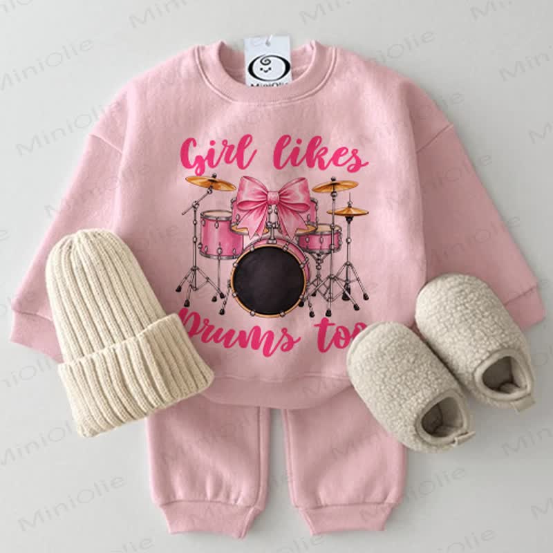 GIRL LIKES DRUMS TOO Baby Bow Drum Set Sweatshirt 2-piece Pink Set - Pink - 2-3T - image 1