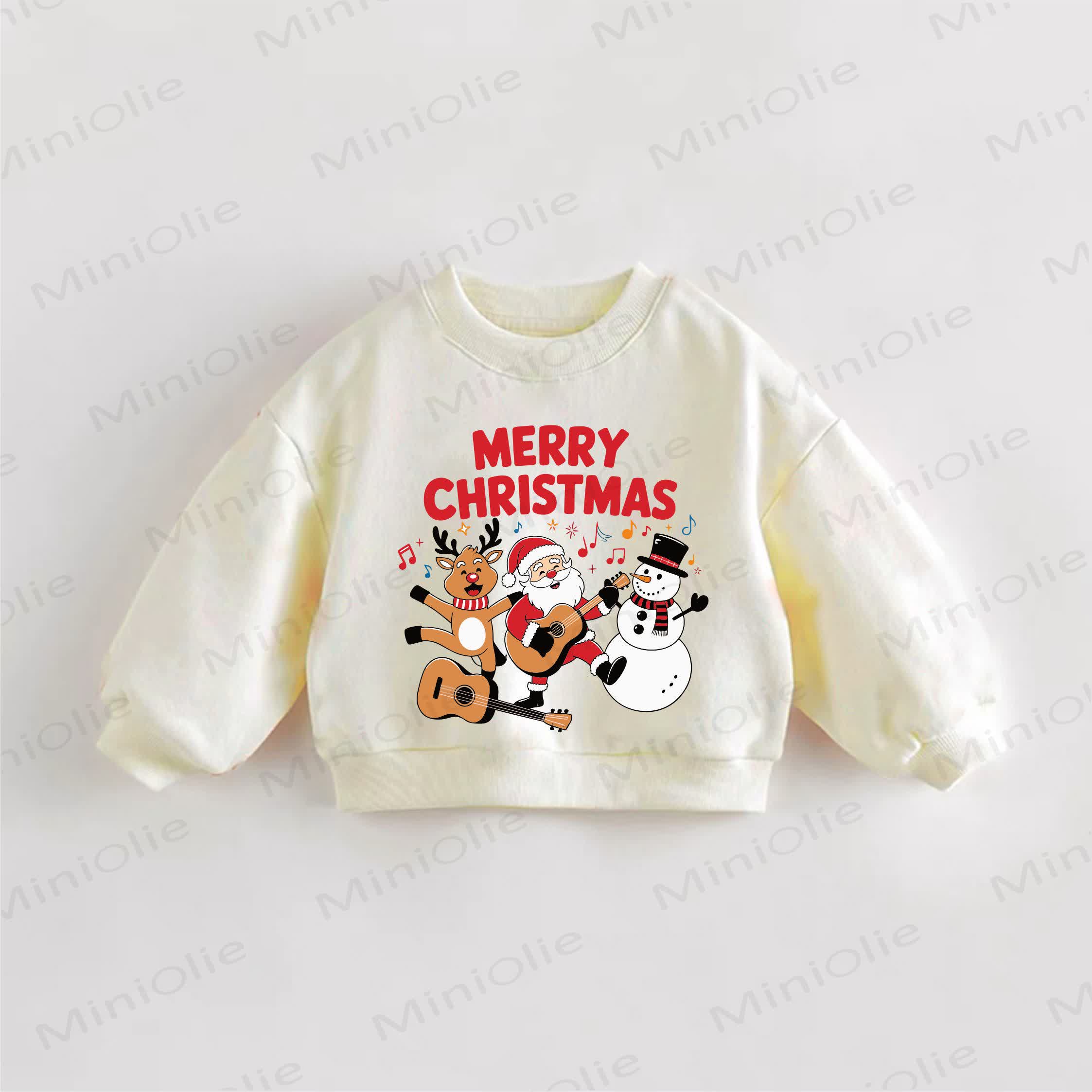 MERRY CHRISTMAS Baby Toddler Christmas Deer Santa Snowman Guitar Cream Sweatshirt - Cream - 3-5T - image 1