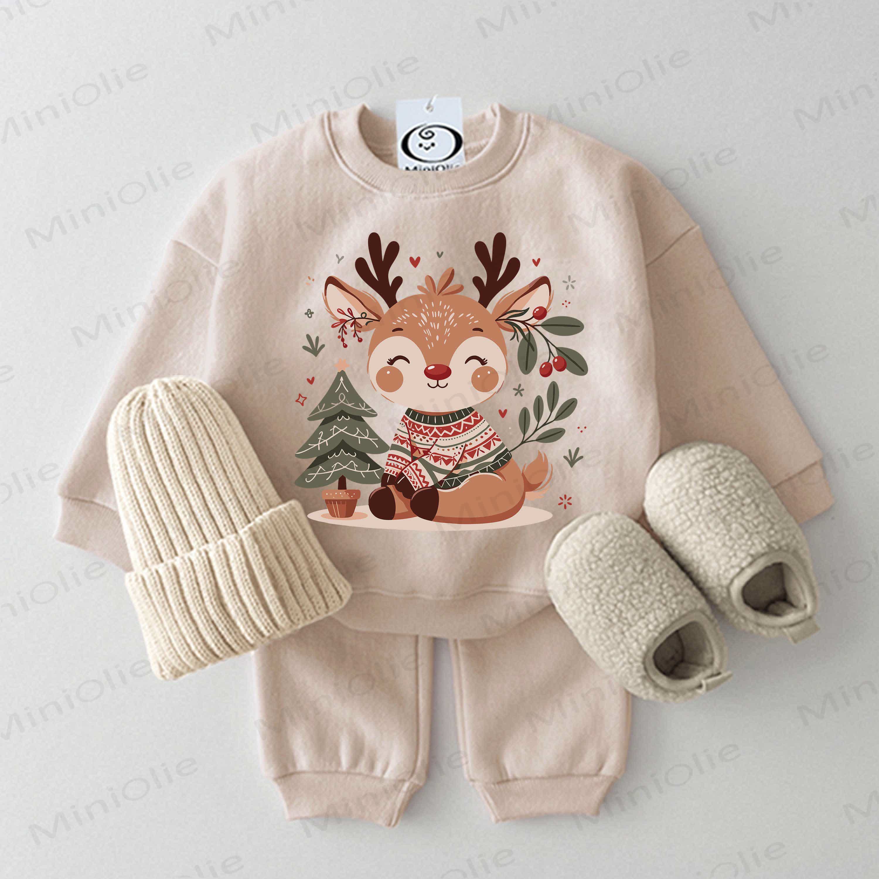  Baby Christmas Tree Deer Beige Sweatshirt 2-piece Set - Beige - 2-3T - image 1