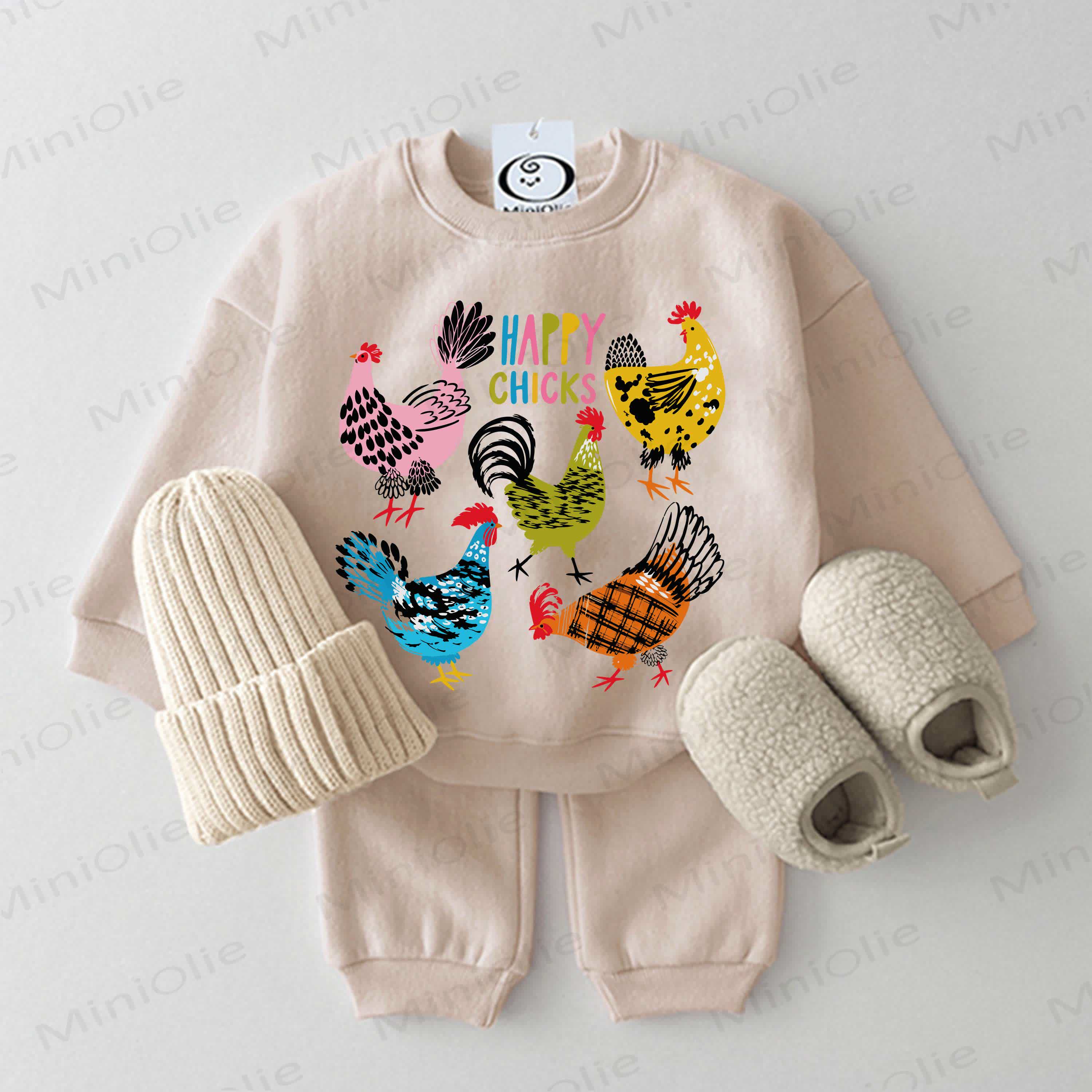 HAPPY CHICKS Baby Colorful Chicks Beige Sweatshirt 2-piece Set - Beige - 2-3T - image 1
