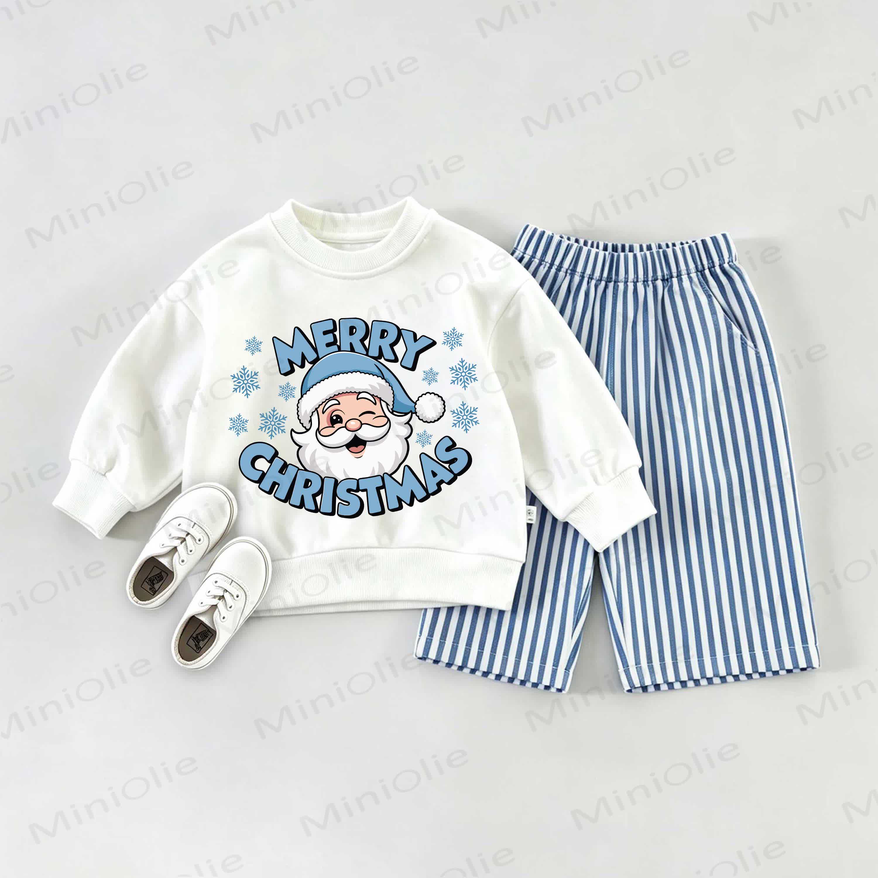 MERRY CHRISTMAS Baby Santa Sweatshirt and Striped Pants Set - White&Blue - 2-3T - image 1