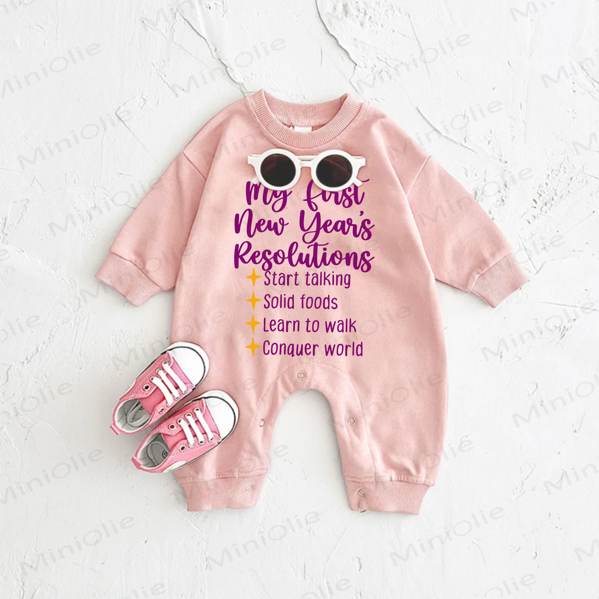 MY FAST NEW YEAR'S RESOLUTIONS START TALKING SOLID FOODS LEARN TO WALK CONQUER WORLD Baby Pink Romper - Pink - 2-3T - image 1