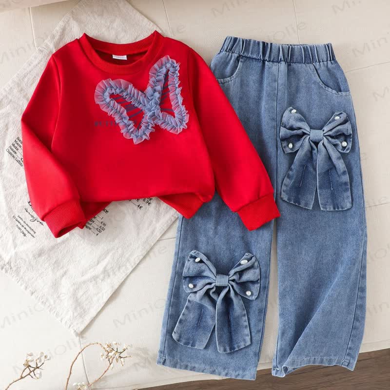 Toddler Girl Butterfly Bow Sweatshirt and Jeans 2-piece Set - Red - 7Y - image 1