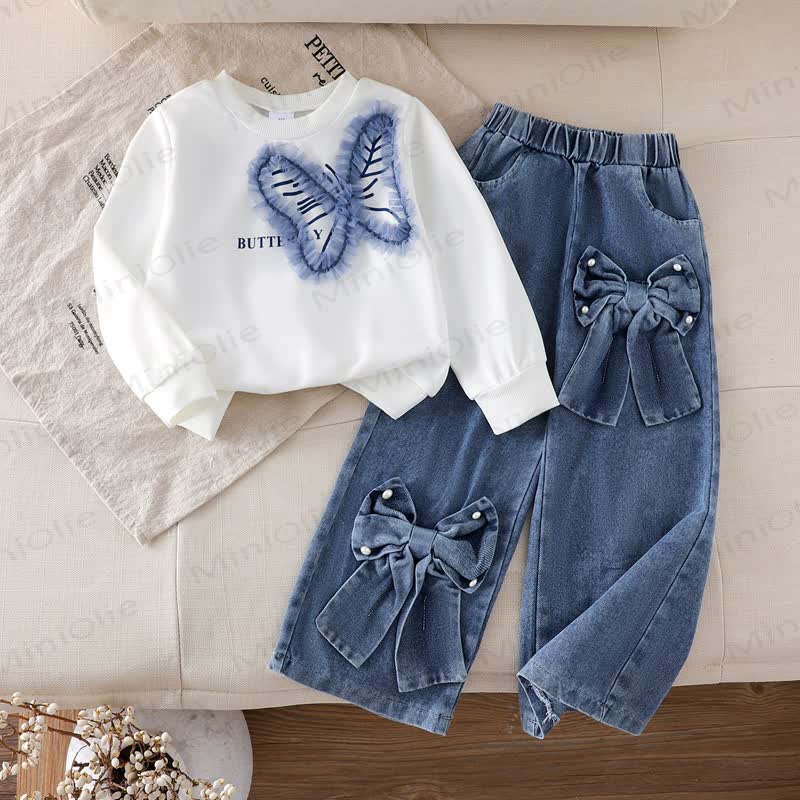 Toddler Girl Butterfly Bow Sweatshirt and Jeans 2-piece Set - White - 7Y - image 2