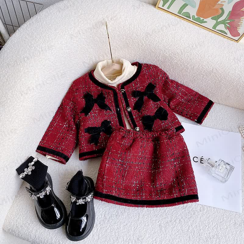 Toddler Girl Red Tweed Bow Jacket and Skirt 2-piece Set - Red - 8-9T - image 1