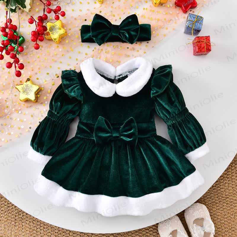 Baby Girl Collar Bow Christmas Lantern Sleeves Party Dress - Green - 12-18M - image 1