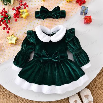 Baby Girl Collar Bow Christmas Lantern Sleeves Party Dress - Green - 12-18M - image 1