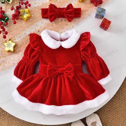 Baby Girl Collar Bow Christmas Lantern Sleeves Party Dress - Red - 12-18M - image 5