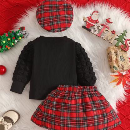 Baby Girl Classic Plaid Dress Set With Beret - image 2
