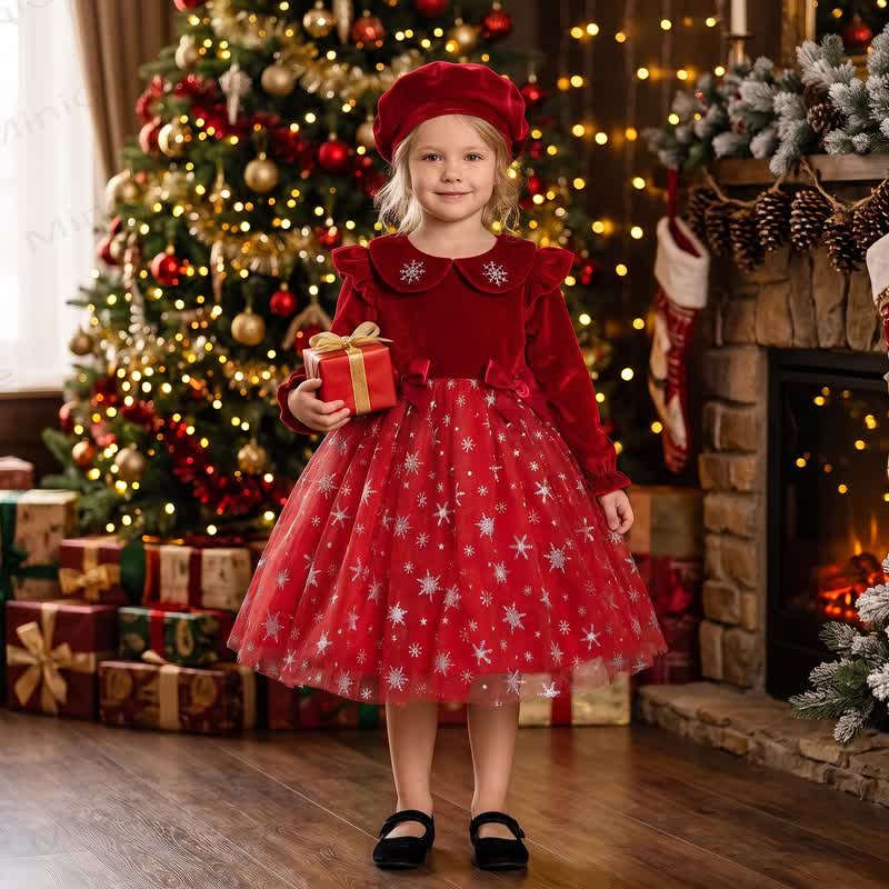 Baby Toddler Girl Snowflake Collar Tulle Dress Set With Beret - image 2
