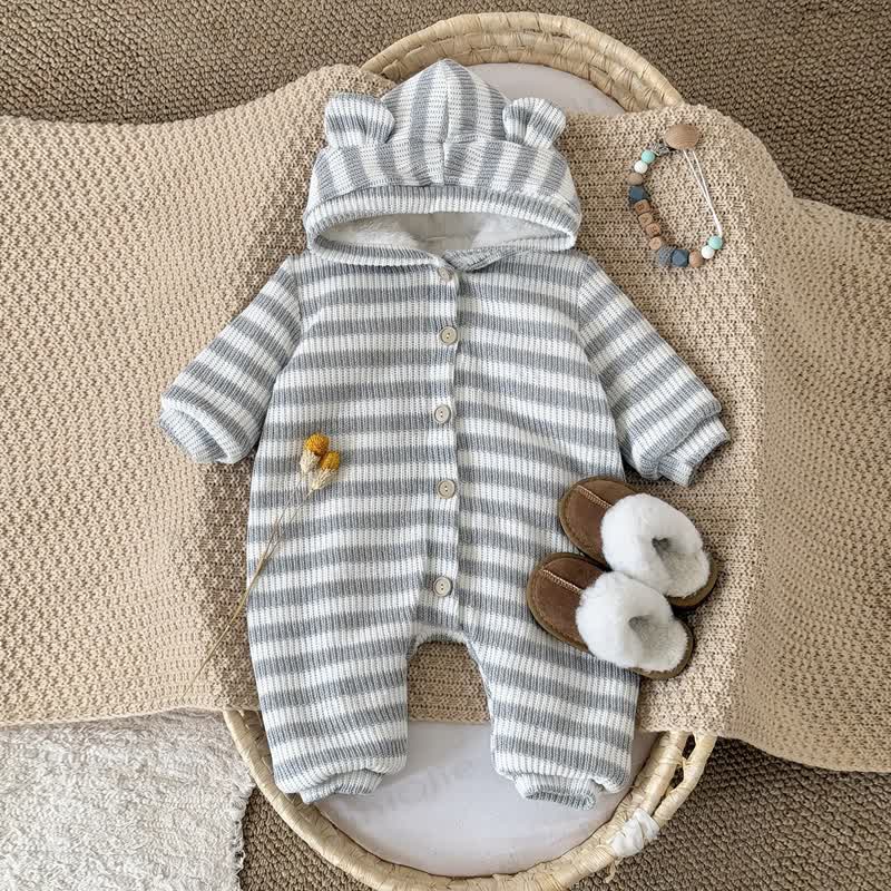 Baby Grey Stripe Bear Ear Hooded Romper - image 1