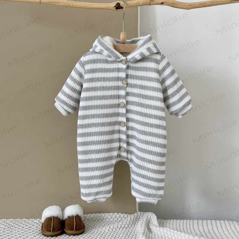 Baby Grey Stripe Bear Ear Hooded Romper - Gray - 12-18M - image 2