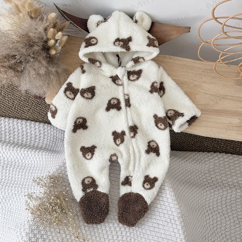 Baby Bear Print Hooded Plush Footed Romper - White - 18-24M - image 1