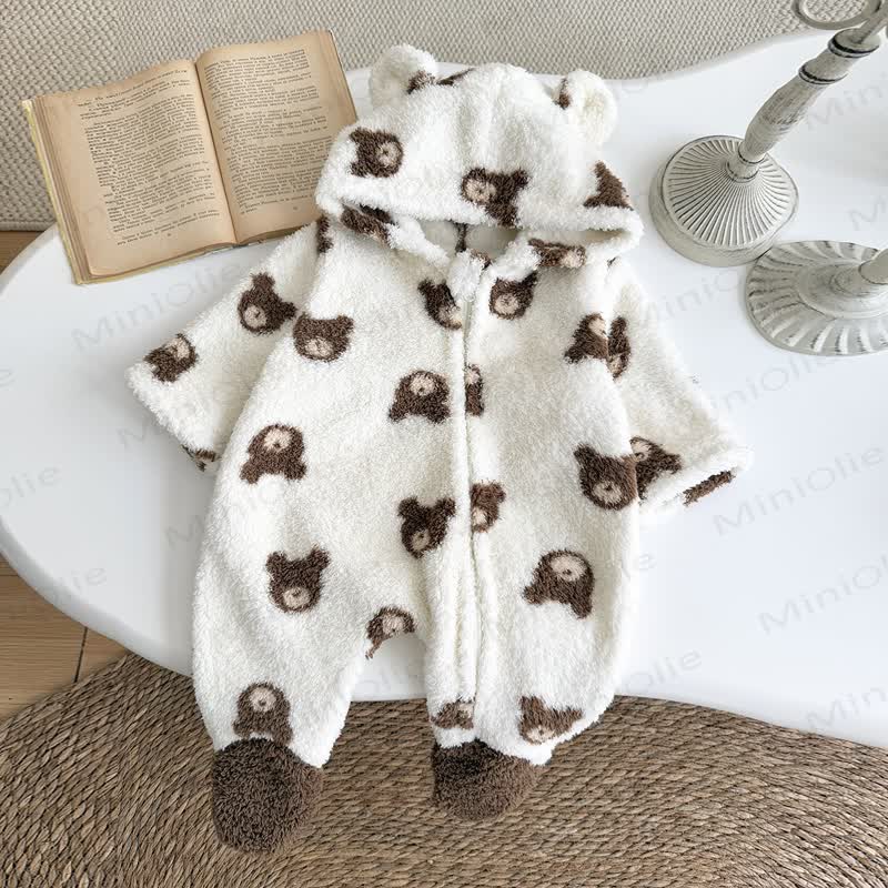Baby Bear Print Hooded Plush Footed Romper - image 2
