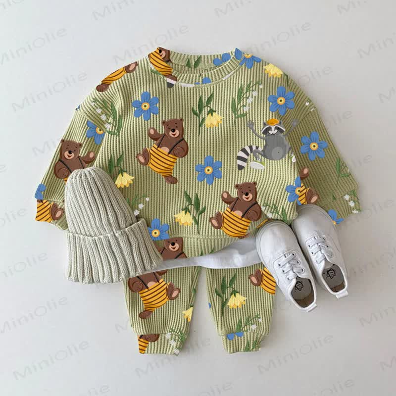 Baby Bear Flower Green Waffle 2-piece Set - Green - 2-3T - image 1